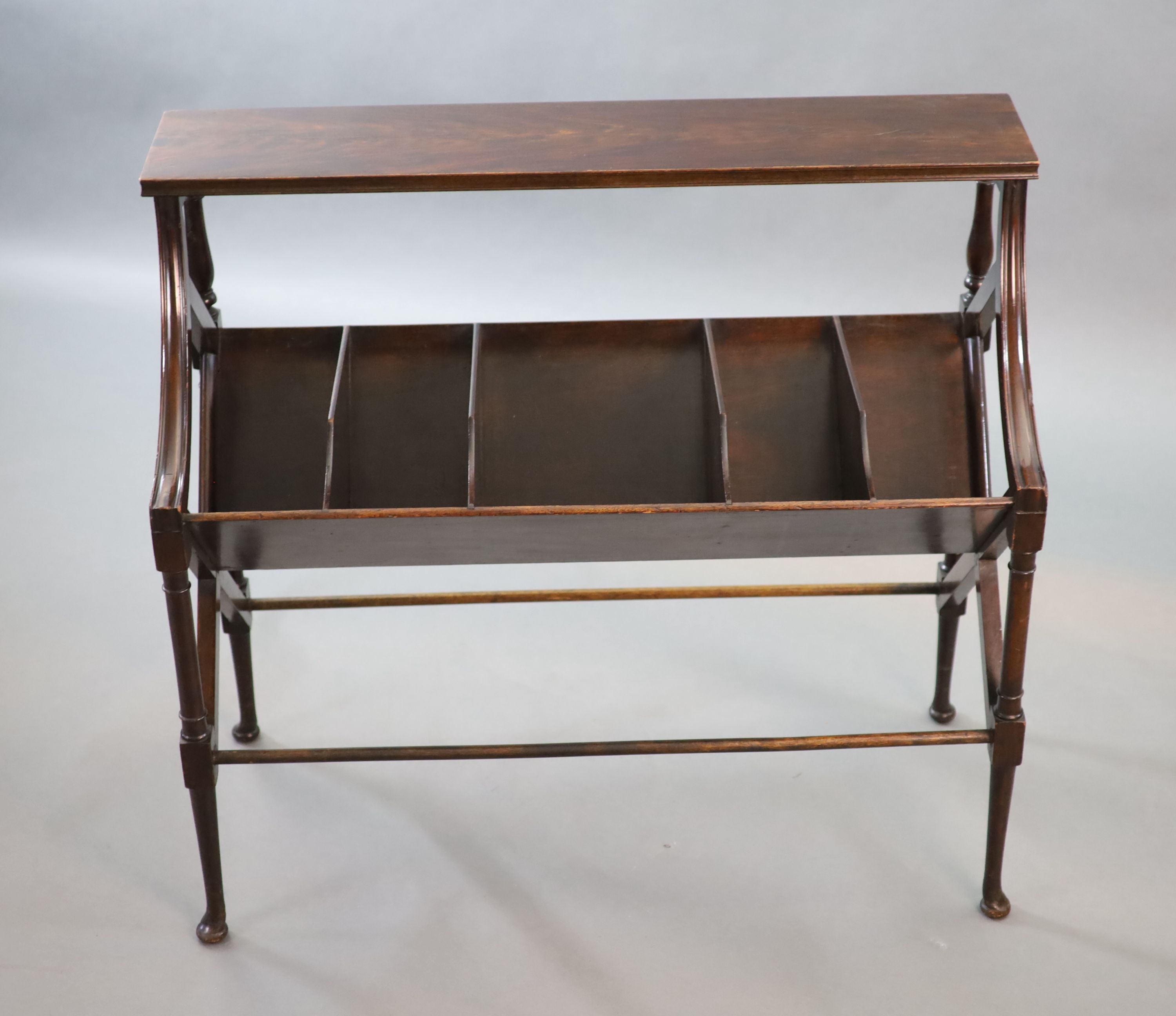 An early 20th century mahogany book stand, W.93cm D.39cm H.84.5cm